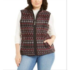Karen Scott $46 Soft Zip Up Pocket Vest Black & Red Print Fleece Women's PL